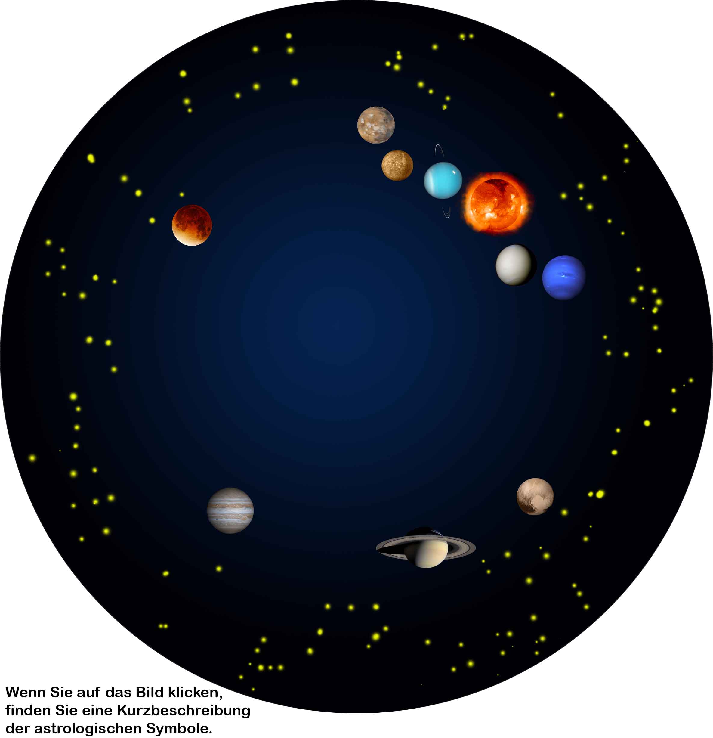 Dunkelblauer Himmel mit Sonne, Mond, Merkur, ..