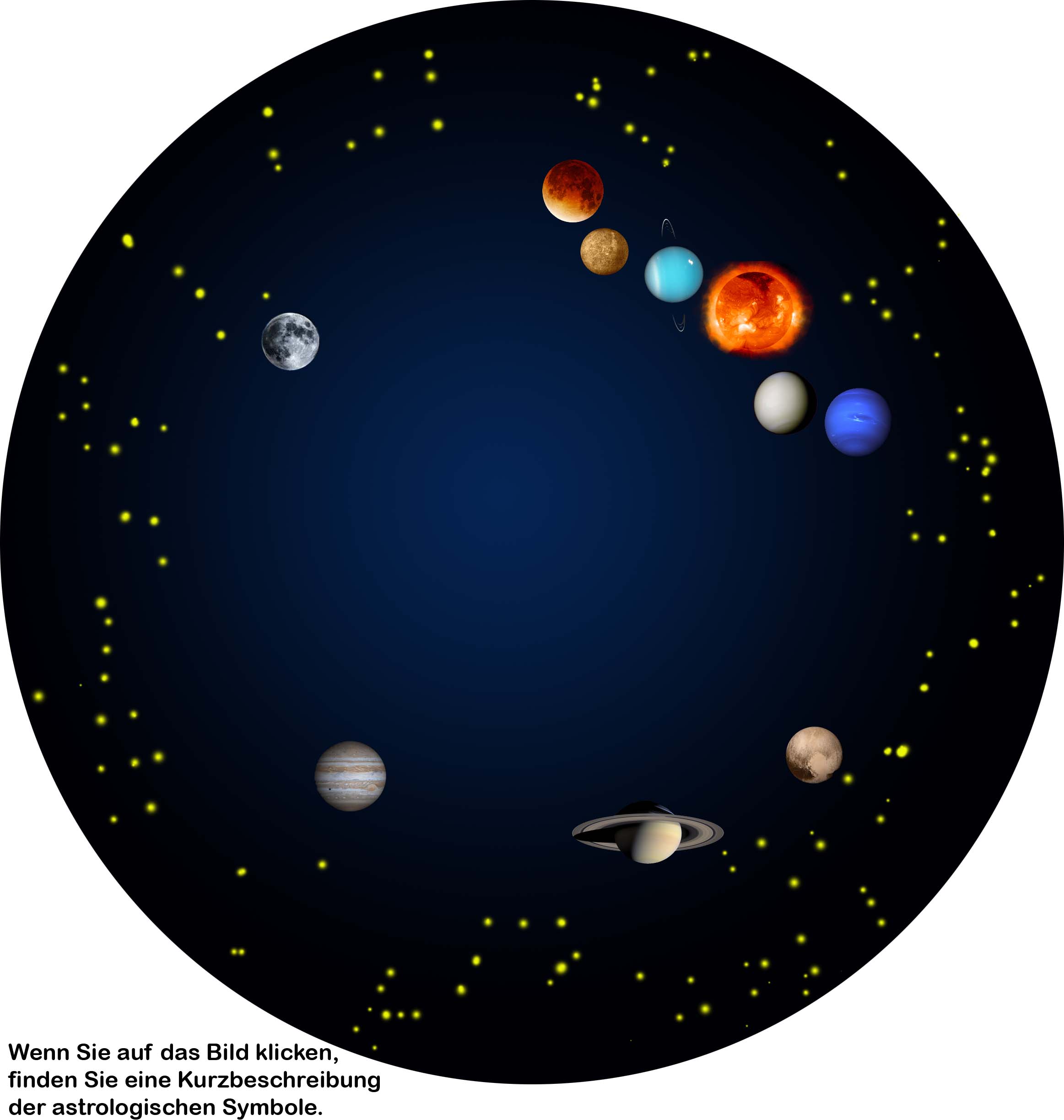 Dunkelblauer Himmel mit Sonne, Mond, Merkur, ..
